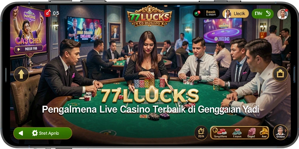 Tangkapan layar gameplay 77LUCKS menampilkan dealer profesional dan permainan seru.
