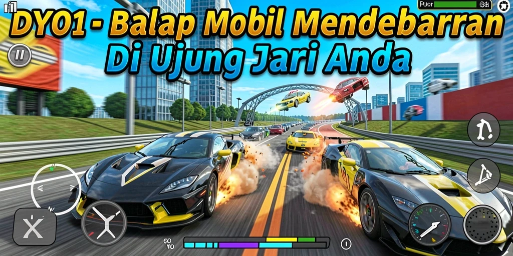 Screenshot gameplay DYO1 menampilkan mobil balap meluncur di trek yang memukau.
