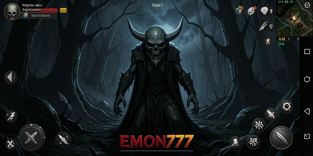 Tangkapan layar gameplay EMON777 menampilkan suasana horor yang menakutkan dan mendebarkan.
