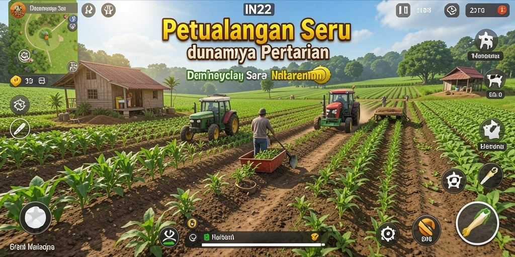 Screenshot IN22 menunjukkan pemain yang sedang menanam tanaman dan merawat hewan ternak.