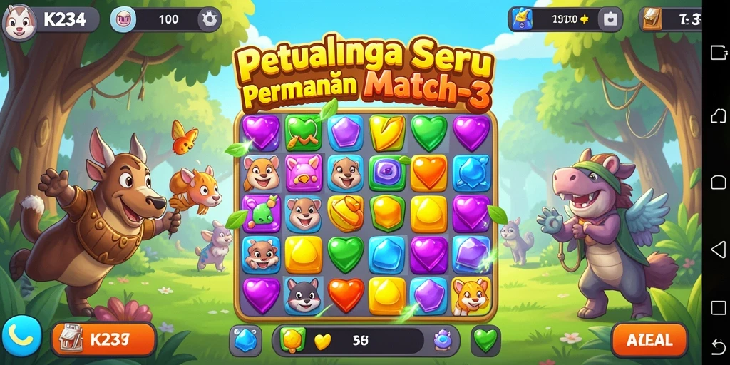 Screenshot K234 menampilkan gameplay seru dan penuh warna dari permainan Match-3.