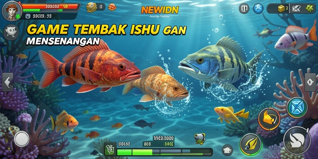 Tampilan gameplay seru di NEWIDN dengan ikan berwarna-warni.