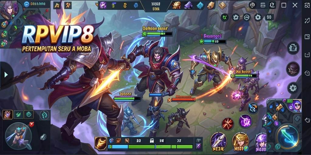 Tampilan seru gameplay RPVIP8 dalam pertempuran MOBA.